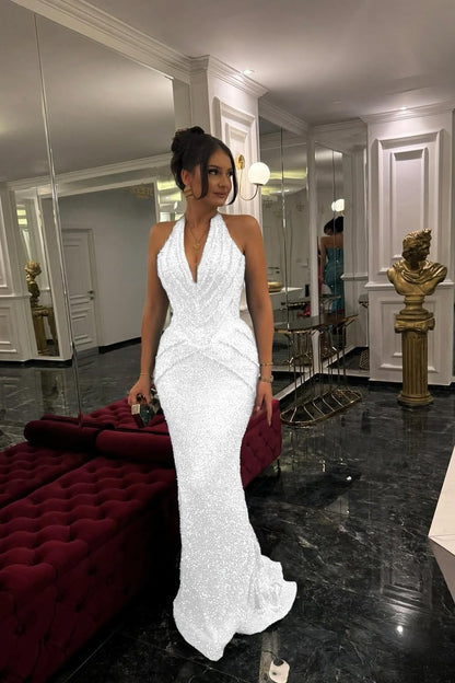 Sleeveless Halter Straps Deep V-Neck Beads Mermaid Prom Dress With Pleated