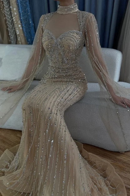 Luxurious High-Neck Sequins Sweetheart Mermaid Tulle Prom Dress