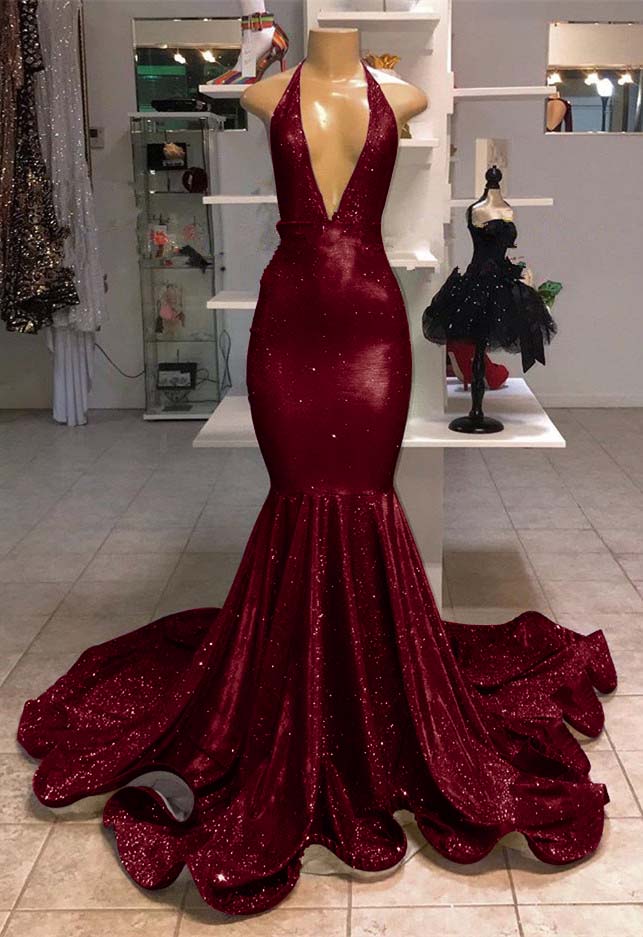 V-Neck Mermaid Evening Dress Halter With Sequins