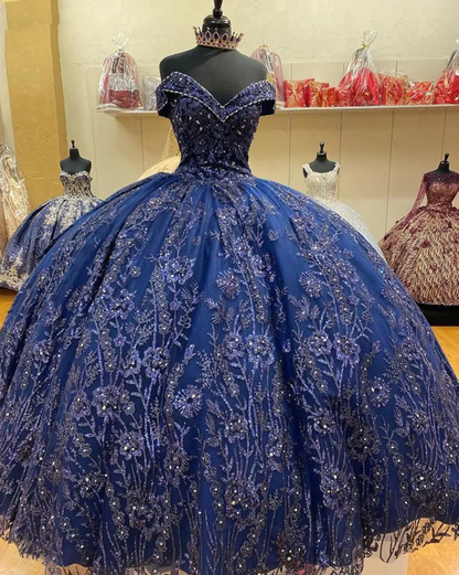 A Line Navy Blue Off The Shoulder Quinceanera Dresses Sweet 16 Dress Ball Gown      fg6897
