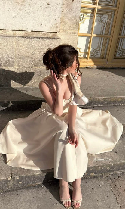 Simple A Line Spaghetti Strap Apricot Satin Prom Dress Birthday Dress Outfits SH3911