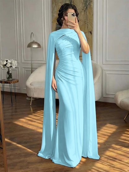 Fashionable Dark Navy Asymmetric Sleeveless Pleated Prom Dress With Scarf