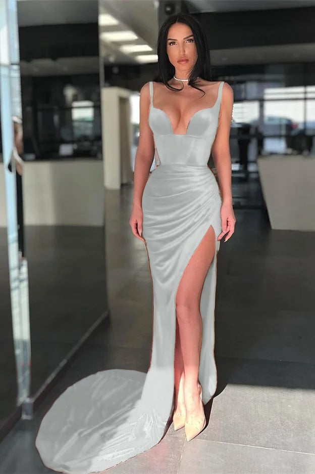 Spaghetti Strap Red Long Mermaid Evening Dress With Slit