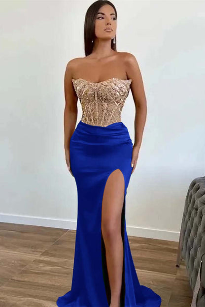 Green Applique Beadings Mermaid Prom Dress Slit With Strapless