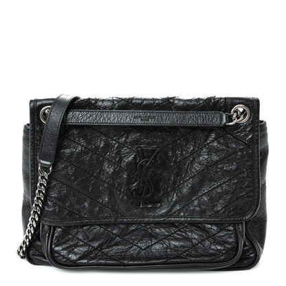 Crinkled Calfskin Matelasse Monogram Medium Niki Chain Satchel Black