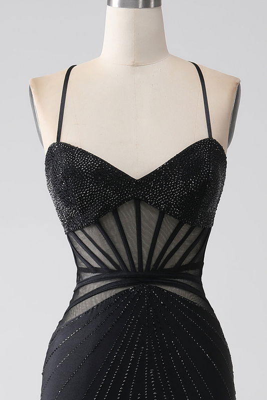 Black Sleeveless Spaghetti Straps Sweethearts Prom Dress With Beads