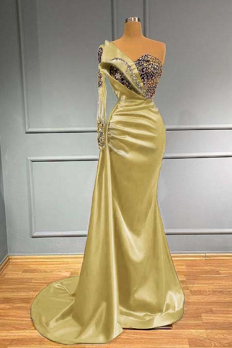 Dark Blue Long Sleeve One Shoulder Mermaid Prom Dress With beads