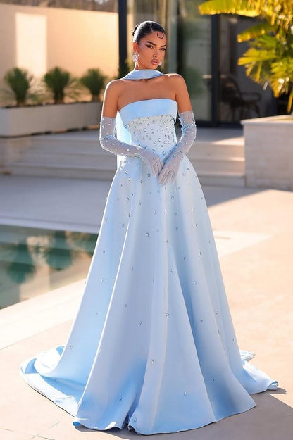 Sleeveless Strapless Long Evening Dress With Appliques Gloves