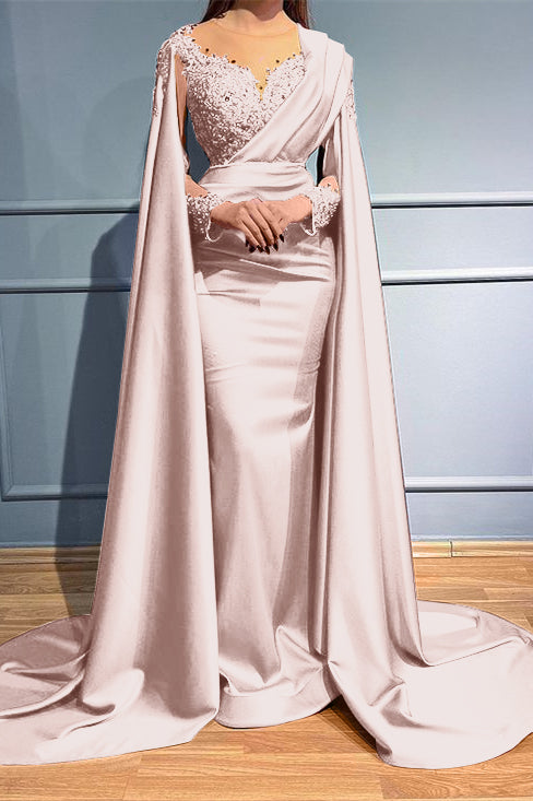 Rust Long Sleeves Beads Appliques Mermaid Evening Dress With Ruffles