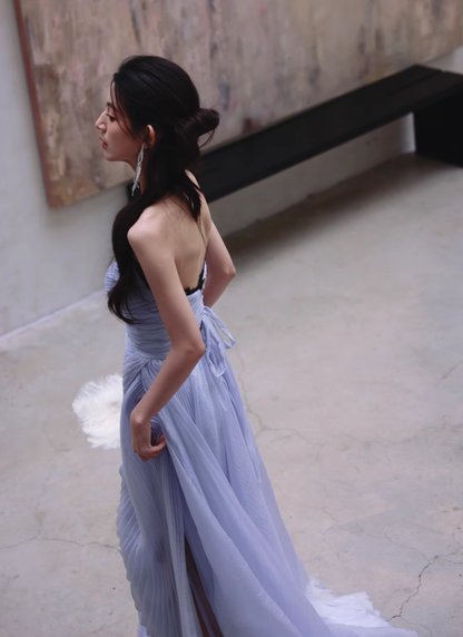 Elegant A Line Sweetheart Neck Black Lace Purple Chiffon Long Evening Dress Gown Dress SH3584
