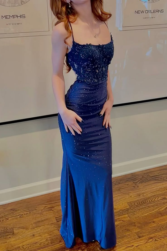 Shiny Spaghetti Straps Blue Satin Beaded Appliques Mermaid Long Party Dress Evening Gown D1596