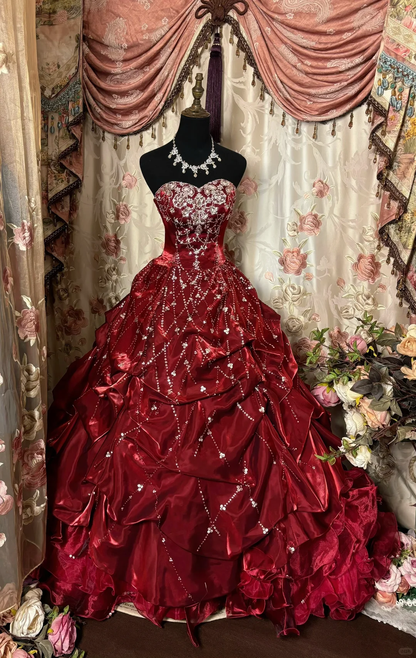 Burgundy Ball Gown Sweetheart Neck Beaded Pleated Satin Prom Dress 18th Birthday Dress SH4926