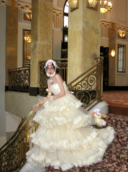 Princess A Line Strapless Layered Ivory Tulle Long Party Dress Birthday Dress SH2949