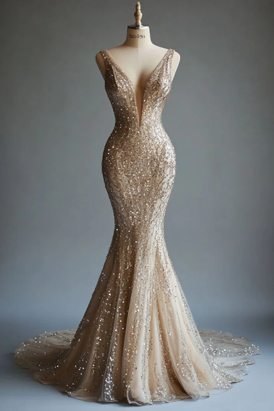 Champagne Mermaid Deep V Neck Tulle Sequin Beaded Long Prom Dress Sexy Evening Dress  fg8571