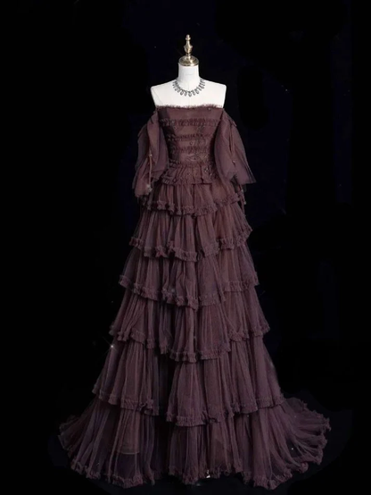 Chic Ball Gown Off The Shoulder Long Sleeves Evening Dress Tulle Long Prom Dresses fg8568