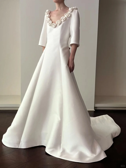 Vintage Simple A Line Long Sleeve White Rose Satin Wedding Dress SH4999