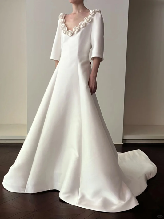 Vintage Simple A Line Long Sleeve White Rose Satin Wedding Dress SH4999
