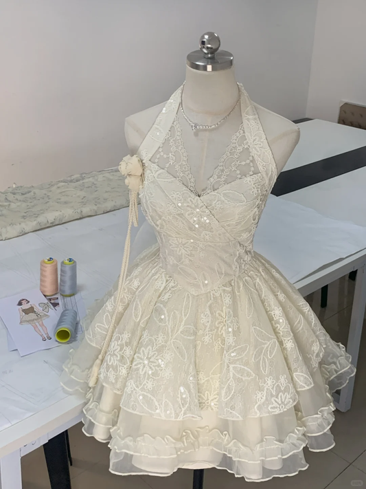 Classy Off-White Halter Lace Sequin A Line Short 8th Grade Homecoming Dress Formal Birthday Outfits S895