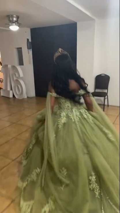 A Line Green Tulle Lace Princess Dresses Off the Shoulder Party Ball Gowns         fg6204
