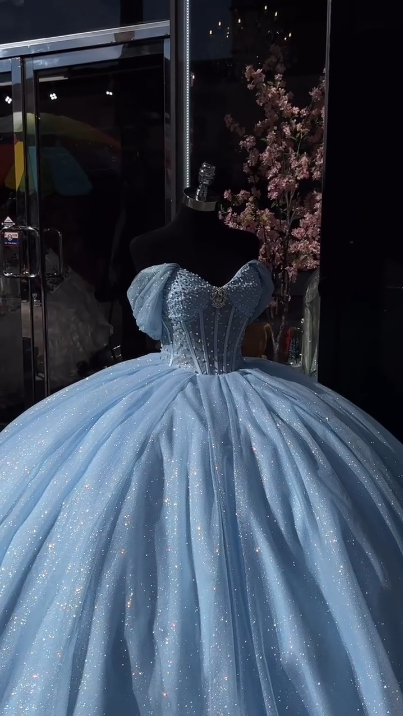 Baby blue sequins quinceanera dresses Sweet 16 Dresses Off the Shoulder Ball Gown    fg8022