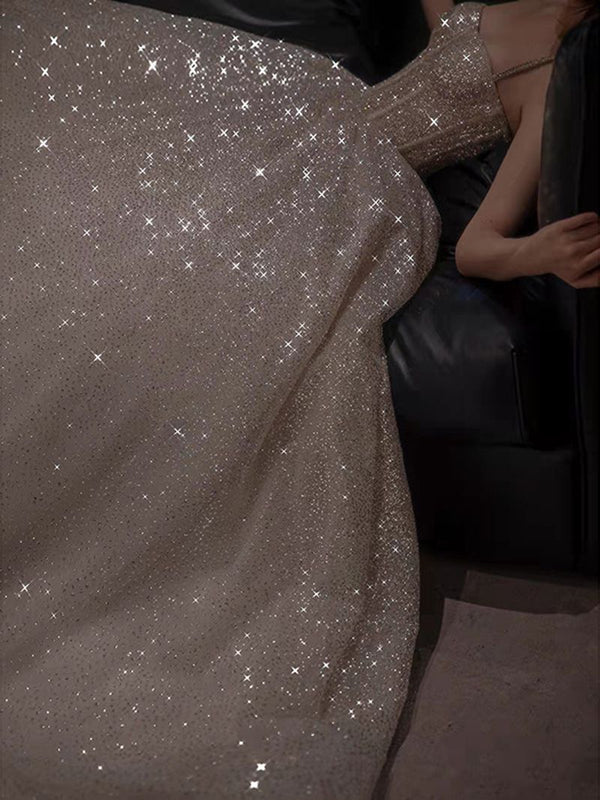 Glitter Spaghetti Straps Tulle Silver Sequin A Line Birthday Party Dress Long Evening Dress Prom Gown D1927