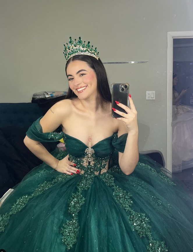 Green Tulle Applique Off the Shoulder Long Prom Dress Quinceanera Dress Ball Gown SH2446