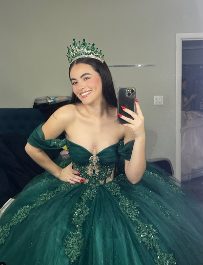 Green Tulle Applique Off the Shoulder Long Prom Dress Quinceanera Dress Ball Gown SH2446