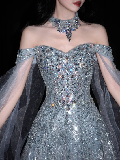 Shiny Exquisite Beaded A Line Off the Shoulder Grey Tulle Long Evening Dress Ball Gown SH3488