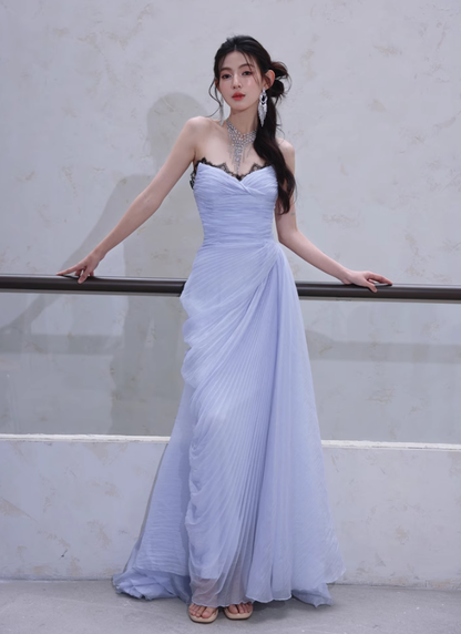 Elegant A Line Sweetheart Neck Black Lace Purple Chiffon Long Evening Dress Gown Dress SH3584