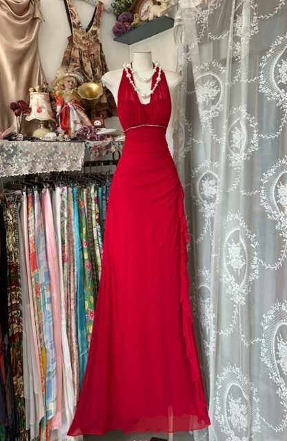 Charming Halter Red Chiffon Beaded Evening Dress Long Mermaid Party Gown  D1522
