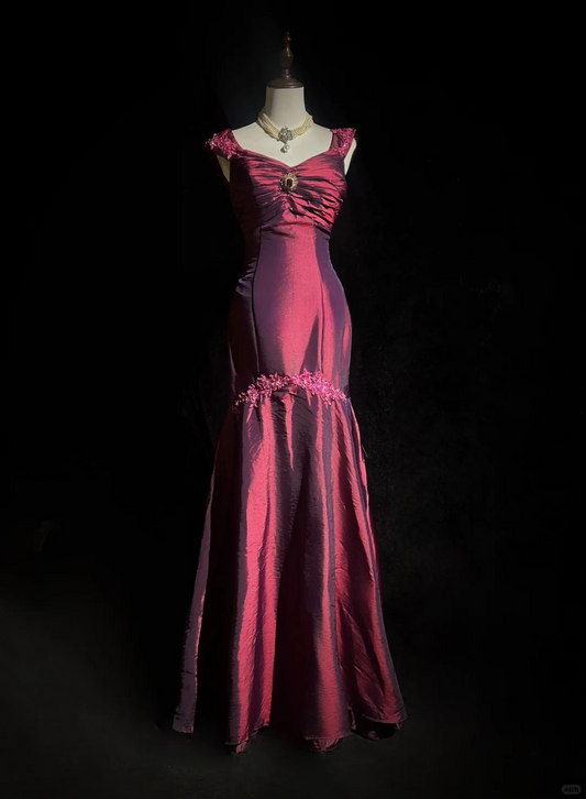 Retro Burgundy Mermaid Straps Appliques Satin Prom Dress Evening Dress SH3330