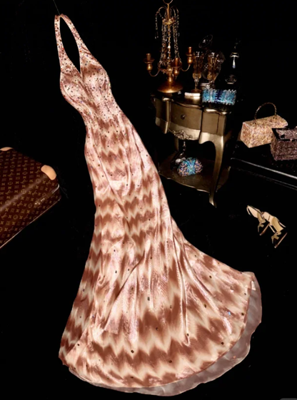 Chic Halter V Neck Chiffon Print Floral Sequin Beaded Mermaid Party Dress Birthday Prom Gown D1267