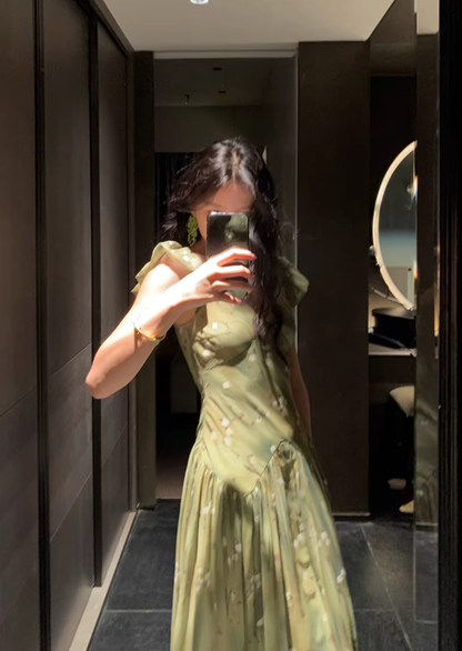 Green Gentle A Line Straps V Neck Print Floral Chiffon Prom Dress Party Dress Outfits SH5060