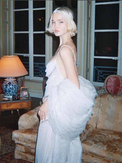 Elegant A Line Spaghetti Strap Rhinestone White Chiffon Prom Dress Evening Dress SH2254