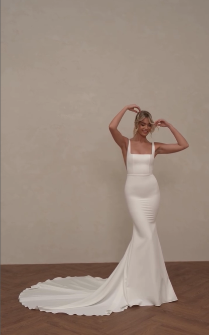 Mermaid Spaghetti Strap White Satin Long Sweep Wedding Dress Prom Dress SH4126