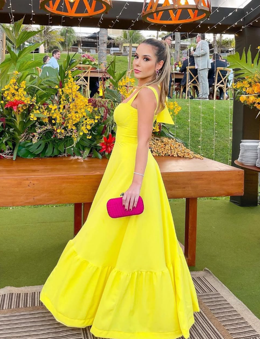 Cute A Line Straps Bow Yellow Satin Long Prom Dress Evening Dress SH2057