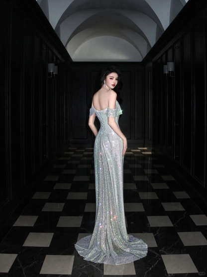 Shiny Mermaid Off the Shoulder Silver Sequin Long Evening Dress Ball Gown SH3489