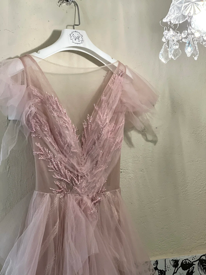 Classic Pink A Line V Neck Beaded Tulle Long Party Dress Prom Dress Formal Dress SH3850