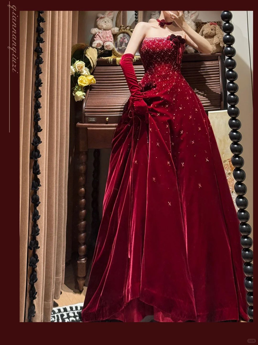 Vintage Strapless Red Velvet Sequin Beaded Long Evening Gown Party Dress D1611