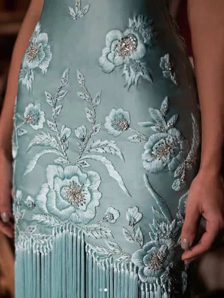 Unique Sheath Strapless Embroidered Flower Sage Green Satin Party Dress Evening Dress SH2899