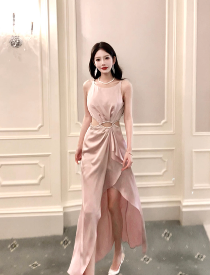 Light Pink A Line Straps Rhinestone Satin Prom Dress Evening Dress Formal Dress with Slit SH4085