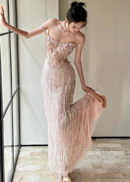 Exquisite Beaded Floral A Line Spaghetti Strap Tulle Long Evening Dress Gown Dress SH3586