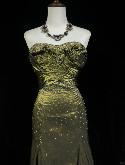 Retro Green Mermaid Strapless Beaded Pleated Satin Prom Dress Evening Dress SH3331