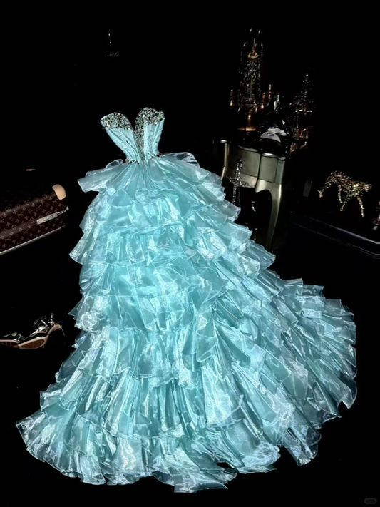 Unique A Line Sweetheart Neck Beaded Layered Blue Organza Prom Dress Party Dress SH3074
