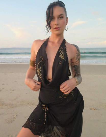 Sexy Black Sheath Halter Pleated Beaded Chiffon Vacation Dress Outfits SH3894