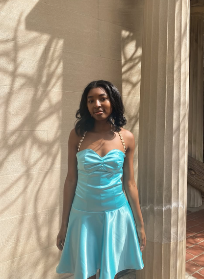 Cute Blue A Line Pearl Spaghetti Strap Satin Homecoming Dress Cocktail Dress SH4000