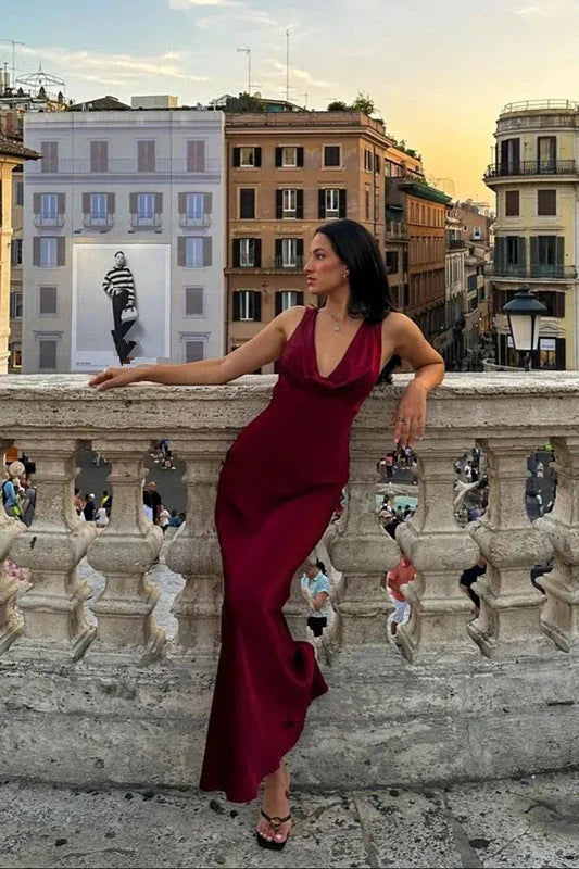 Elegant Sheath V Neck Burgundy Satin Open Back Long Prom Dress Graduation Prom Dress SH2597