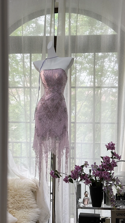 Stunning A Line Strapless Purple Rhinestone Lace Short Homecoming Dress Birthday Dress SH2942