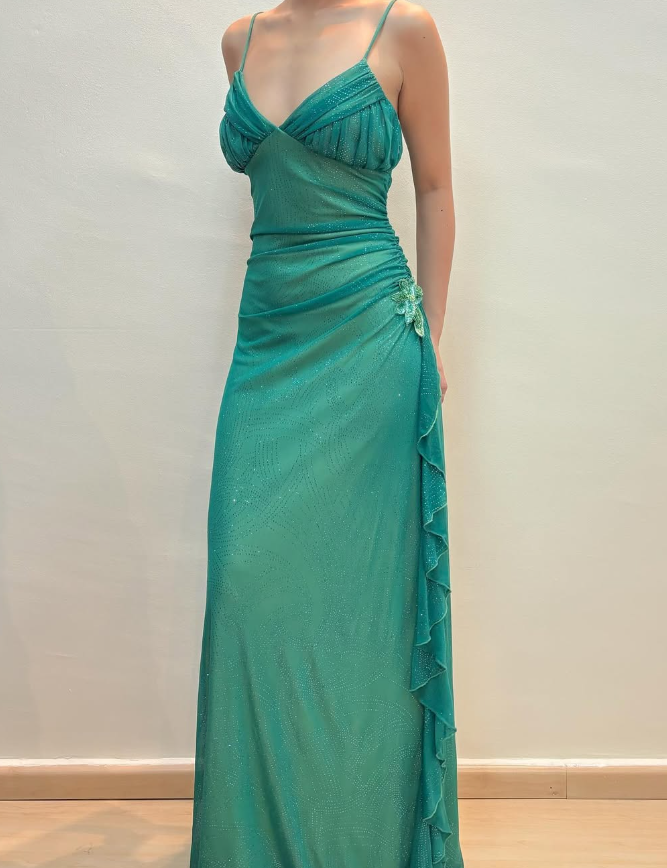 Vintage A Line Spaghetti Strap Rhinestone Green Chiffon Prom Dress Evening Dress SH2204