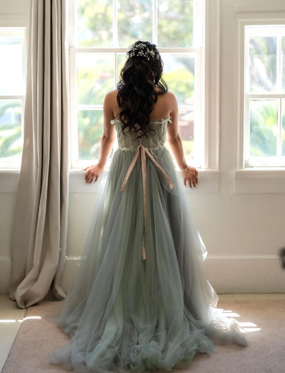 Pretty A Line Strapless Appliques Grey Tulle Long Prom Dress Evening Dress SH2200